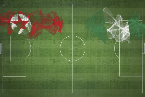 North Korea vs Nigeria Soccer Match, national colors, national flags, soccer field, football game, Competition concept, Copy space