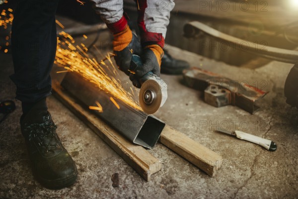 A worker grinding metal with sparks flying, wearing protective gloves