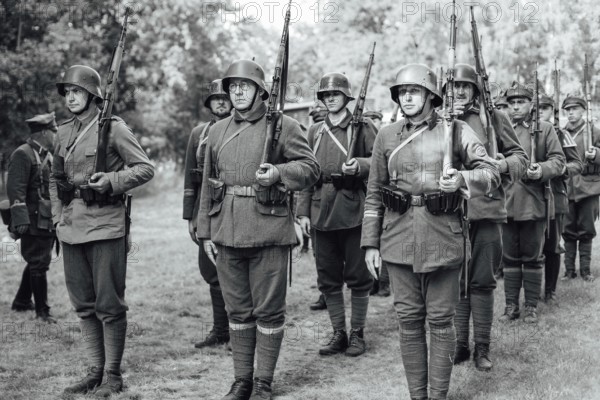 LUBIN, POLAND - AUGUST 8, 2020:, A staging of the Battle of Warsaw from 1920, in which the Polish army defeated the Bolshevik aggression. 100th anniversary of the battle. On picture Polish soldiers