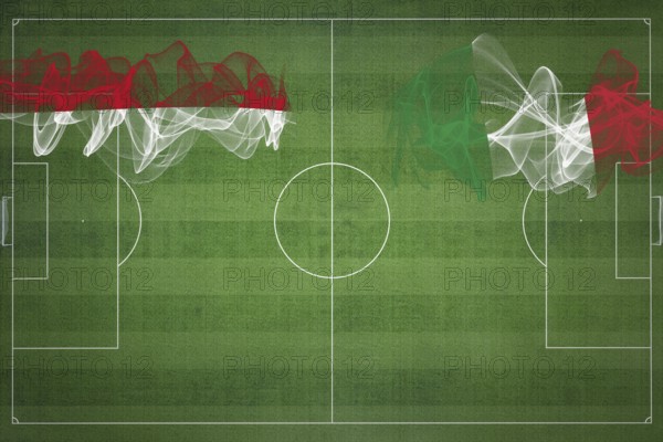 Indonesia vs Italy Soccer Match, national colors, national flags, soccer field, football game, Competition concept, Copy space