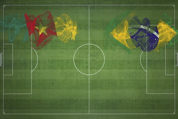 Cameroon vs Brazil Soccer Match, national colors, national flags, soccer field, football game, Competition concept, Copy space