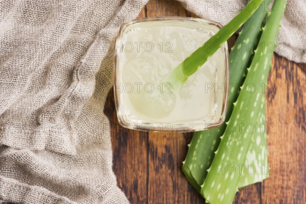 Glassware with fresh aloe vera juice and leaves