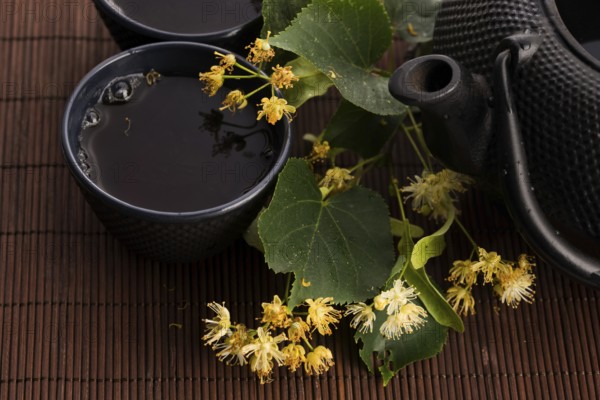 Teapot and cup with linden tea and flowers