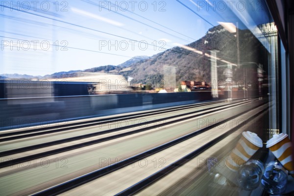 Railway tracks, blur effect, view from a train window, near Frohnleiten, Styria, Austria, Europe