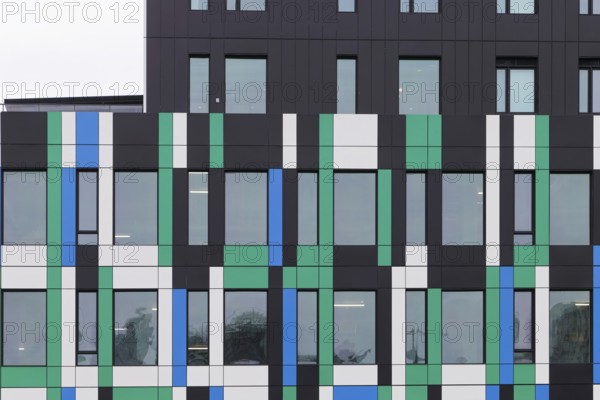 Colourful facade on modern architecture, Montreal, Province of Quebec, Canada, North America