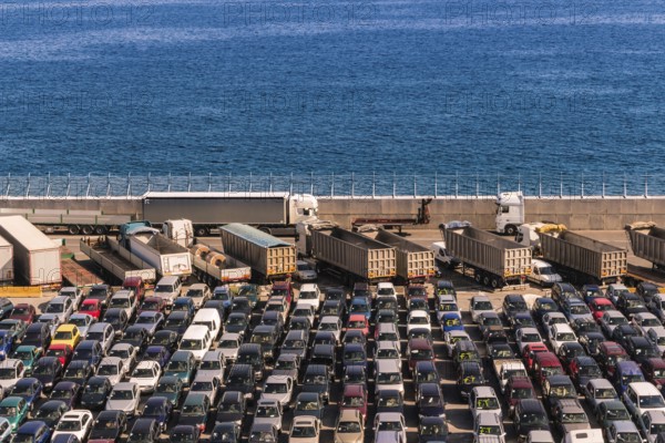 Parked cars at the busy Port of Savona, Italy, Europe