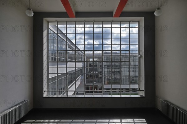 Window in the Bauhaus staircase, Dessau, Saxony-Anhalt, Germany, Europe