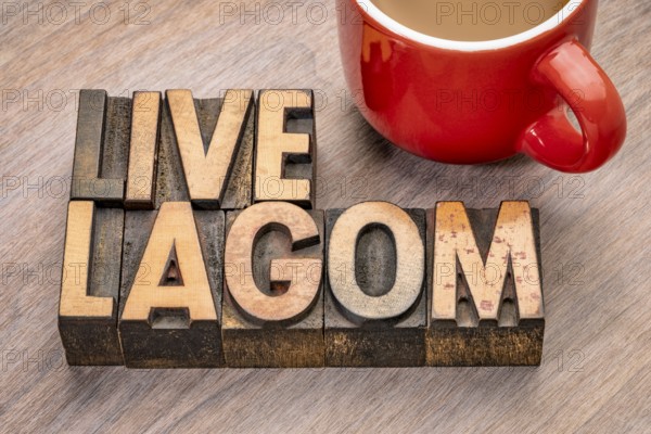 Live lagom word abstract in vintage letterpress wood type blocks, Swedish balanced lifestyle concept