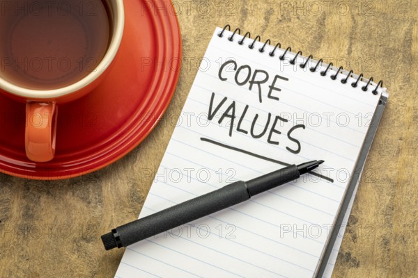 Core values - handwriting in a spiral notebook with a cup of tea
