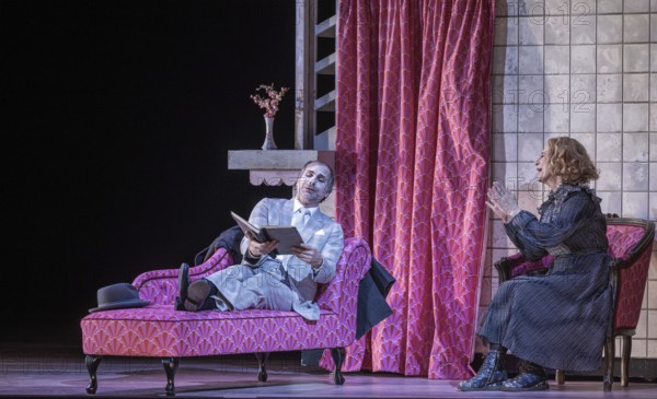 BERLIN, Germany - November 2024: Sweeney Todd (The Demon Barber of Fleet Street) - A musical thriller (1979) in a co-production with the Opéra national du Rhin with music by Stephen Sondheim in a production by Barrie Kosky based on the play of the same name by Christopher Bond. Sweeney Todd, an innocent barber, is falsely arrested and loses his woman and daughter. After years of imprisonment, he returns to London to take revenge on those responsible. Together with the baker Mrs Lovett, he murders his customers and turns their meat into pies, which she sells in her shop. Their murderous partnership unleashes a bloody vicious circle that ultimately leads to tragic consequences for everyone involved. Media rehearsal on 13.11.2024 at the Komische Oper in Berlin Performers: Sweeney Todd: Christopher Purves Mrs Nellie Lovett: Dagmar Manzel Anthony Hope: Hubert Zapiór Johanna Barker: Alma Sadé Tobias Ragg: Tom Schimon Richter Turpin: Jen