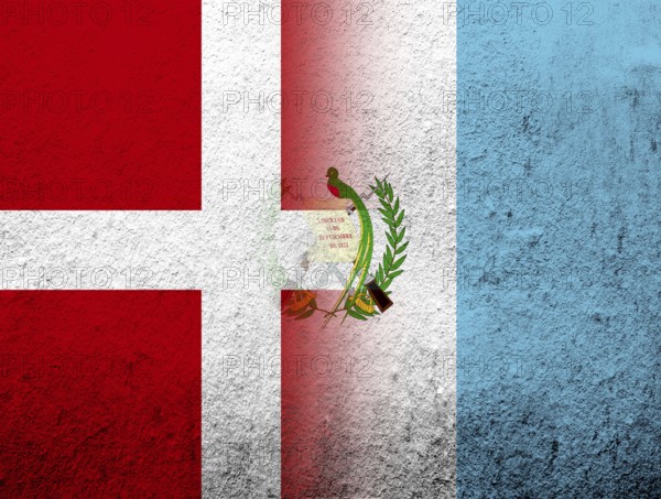 The Kingdom of Denmark National flag with The Republic of Guatemala National flag. Grunge Background