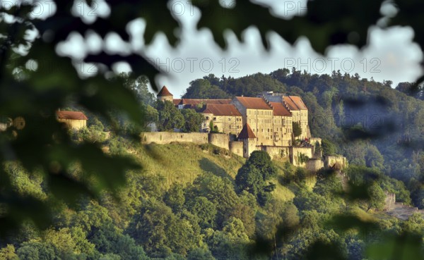 Burghausen Castle surrounded by green forests in the evening sun, view from the west, Burghausen, Upper Bavaria, Bavaria, Germany, Europe
