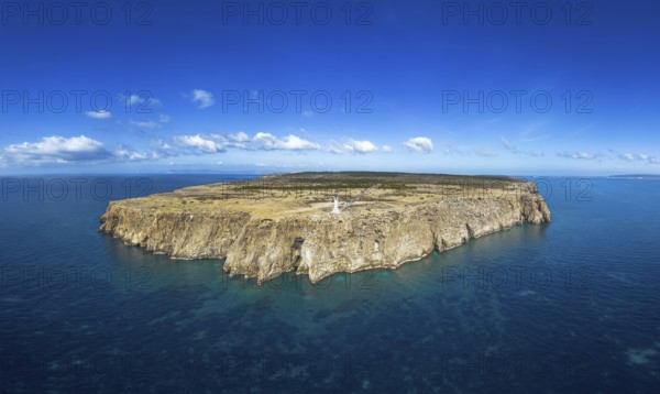 Aerial landscape view of Cap de Barbaria and the landmark lighthouse on Formentera Island