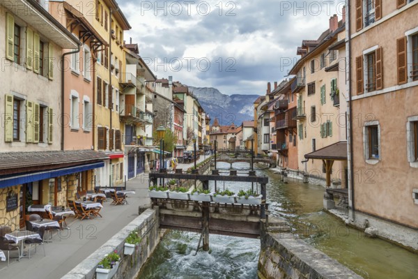Historic houses along the Thiou river in Annecy old town, France, Europe