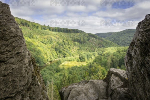 Landscape and scenery during Les Echelles de Rochehaut hike in region Bouillon, Wallonia, Belgium, Europe