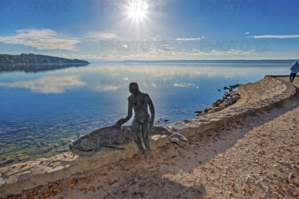 Bronze sculpture -The little mermaid on her waller- by Hilde Grotewahl in Herrsching am Lake Ammer, Upper Bavaria, Bavaria, Germany, Europe