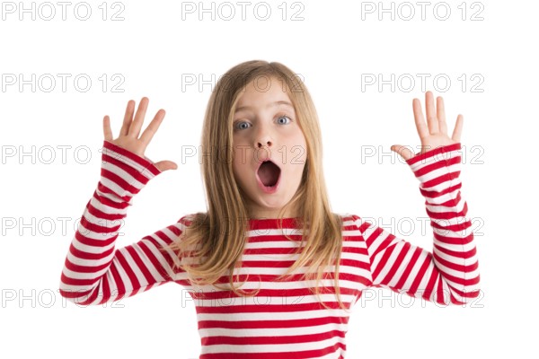 Blond kid girl open mounth and hands happy expression gesture on white