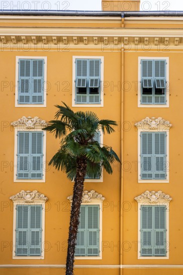 The typical facades of a traditional townhouse in Nice (Nizza), Cote d'Azur, Alpes-Maritimes, PACA, France, Europe