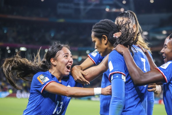 BRISBANE, AUSTRALIA, JULY 29: Wendie Renard of France scores the winning goal and celebrates with her team at the FIFA Women's World Cup Australia New Zealand 2023 at Brisbane Stadium on July 29, 2023