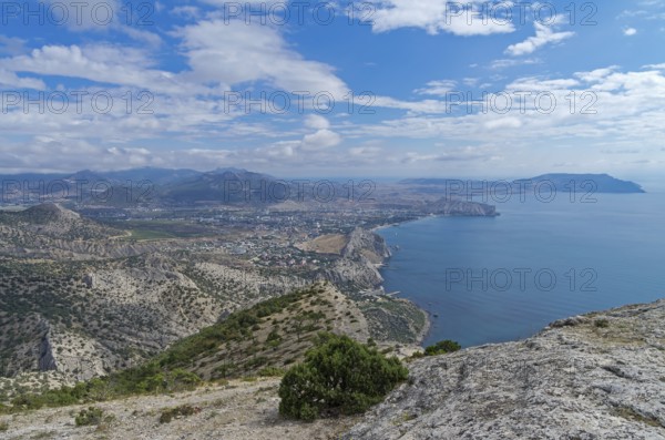 View of the seaside town from the slope of the mountain. Crimea