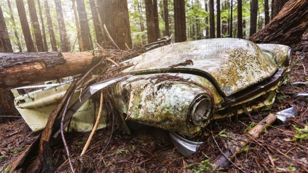 An abandoned classic vehicle rusts in a Northern California forest