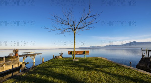 A bench on the shore of Lake Chiemsee with a sign