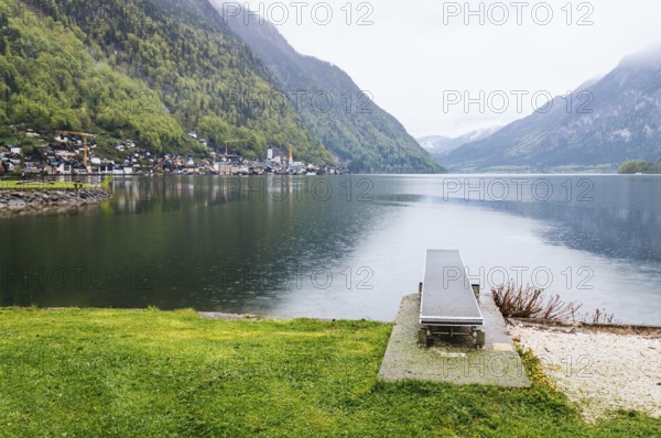 Springboard in the Lake of Hallstatt a foggy day