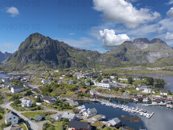 Aerial view, village scene in rugged landscape, Sorvagen, Lofoten, Norway, Europe