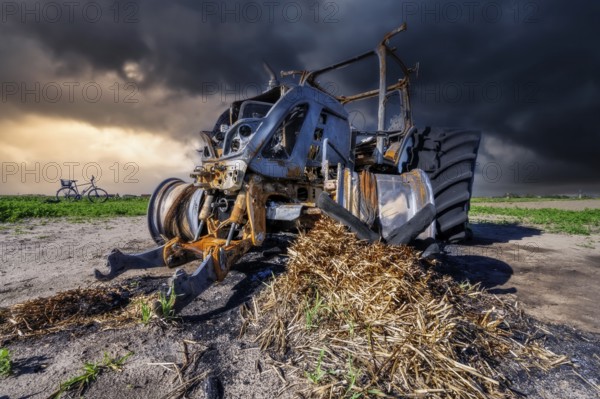 Fully destroyed burnt down tractor on a field
