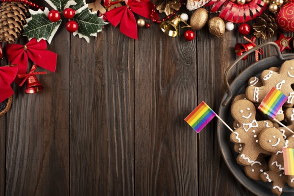 Christmas background of tray with gingerbread cookie men and rainbow flags on wooden table