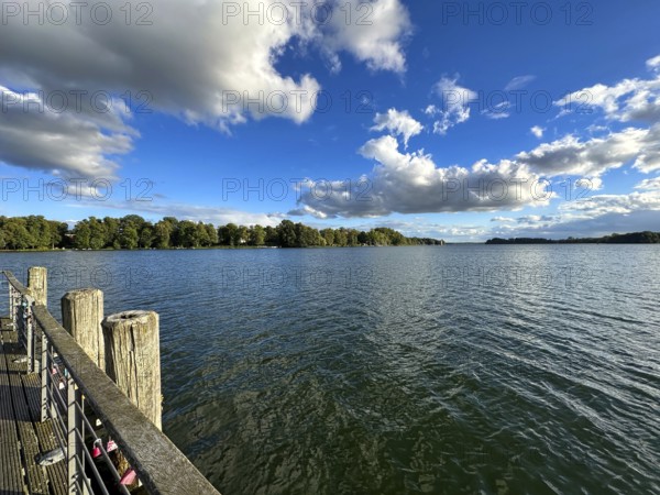 View over the Scharmützelsee with a jetty in the foreground, Bad Saarow, Brandenburg, Germany, Europe