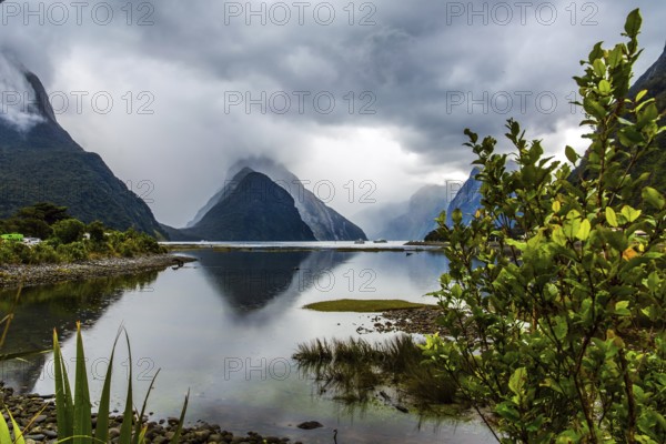 Land of hobbits and goblins. New Zealand. Storm clouds cover the sky over the ocean fjord Milford Sound. Sunlight breaks through storm clouds. Concept of active and photographic tourism