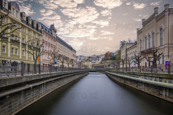 Cityscape in winter. Cityscape with historic buildings in an old town from the Baroque period. Cityscape Karlovy Vary, Czech Republic, Europe