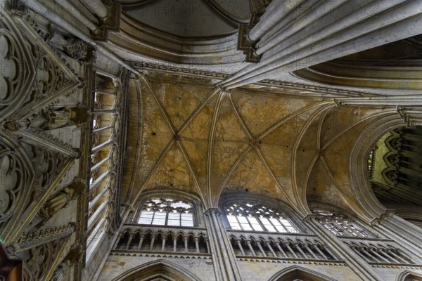 Rouen, France, August 30, 2018: Interior of a catholic temple. Ceiling of the Notre-Dame de Rouen Cathedral, Rouen, France, Europe