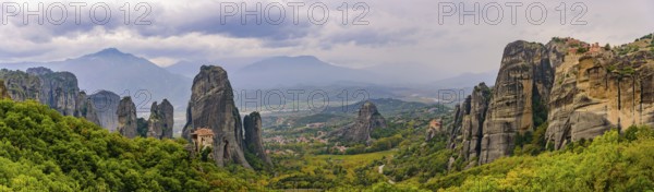 Panorama of the landscape of monastery and rock formation in Meteora, Greece, Europe