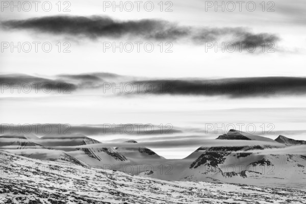 View of peaks in Sarek National Park, Laponia World Heritage Site, Norrbotten, Lapland, Sweden, May 2017, Europe