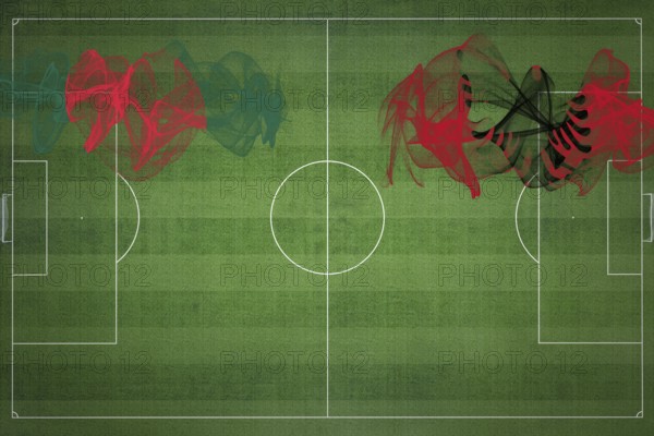 Bangladesh vs Albania Soccer Match, national colors, national flags, soccer field, football game, Competition concept, Copy space