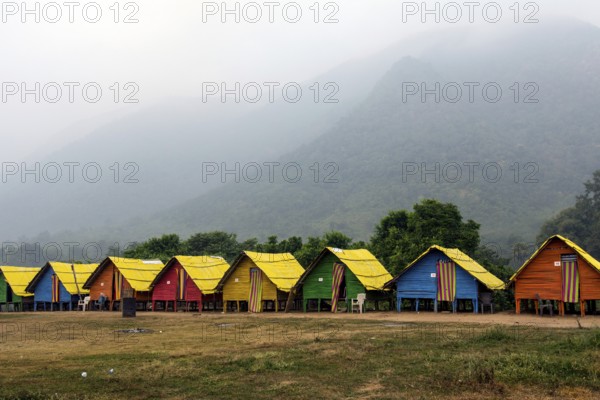 Kollur Bamboo Camp tents, Rajahmundry, Andhra Pradesh, India, Asia
