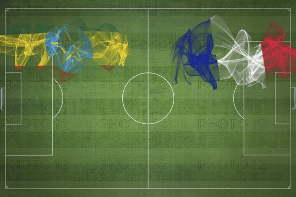 Ethiopia vs France Soccer Match, national colors, national flags, soccer field, football game, Competition concept, Copy space