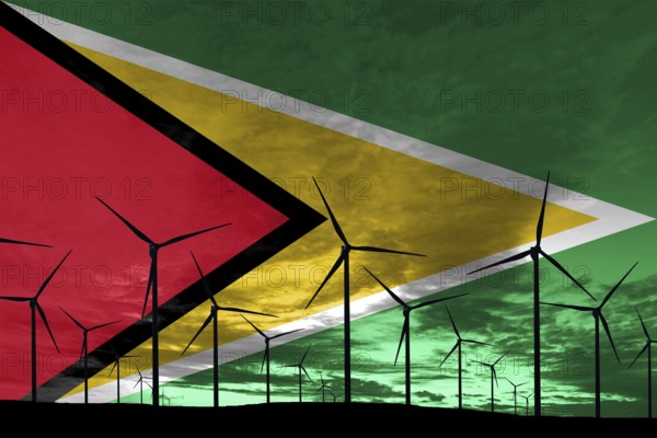 Guyana flag wind farm at sunset, sustainable development, renewable energy Wind Turbines