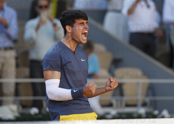 Spanish tennis player Carlos Alcaraz celebrating at the French Open, Roland Garros, Paris, France.