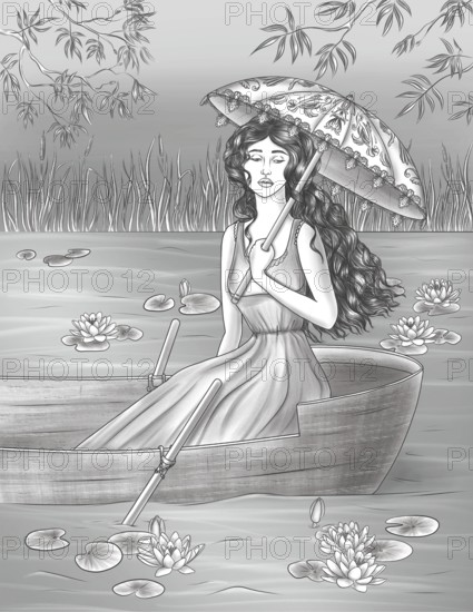 Sad Lady In Dress Carrying Umbrella Riding Boat In A Lake With Water Lilies
