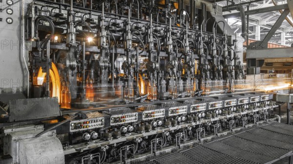 On the conveyor glass bottles are pasteurized with fire. factory shop for the production of glass bottles and beverage
