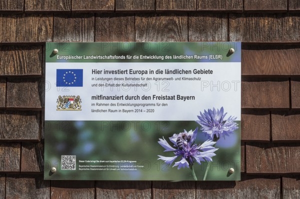 Wooden shingle wall with information sign, agricultural fund, near Niedersonthofen, Allgäu, Swabia, Bavaria, Germany, Europe