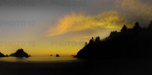 The Beach at Sunset, A panoramic color image of the beach at sunset. Taken near Trinidad, California, USA, North America