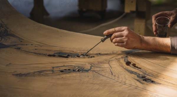 Hands adding resin to wood, focusing on intricate detailing and texture in a workshop setting
