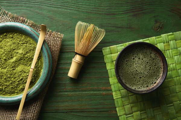 Matcha tea powder bamboo whisk chasen and spoon for japanese ceremony
