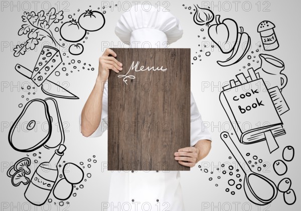 Restaurant Chef on a sketchy background hidden behind a wooden chopping board for a business lunch menu with prices
