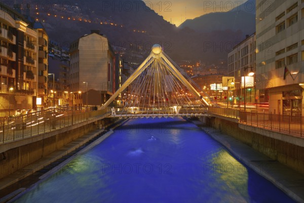Andorra la Vella Paris bridge sunset over Valira river in Pyrenees