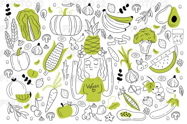Vegan food doodle set. Collection of hand drawn sketches templates of people vegans dieting eating natural vegetarian meal smoothie cocktail cereals vegetables fruits. Healthy lifestyle illustration